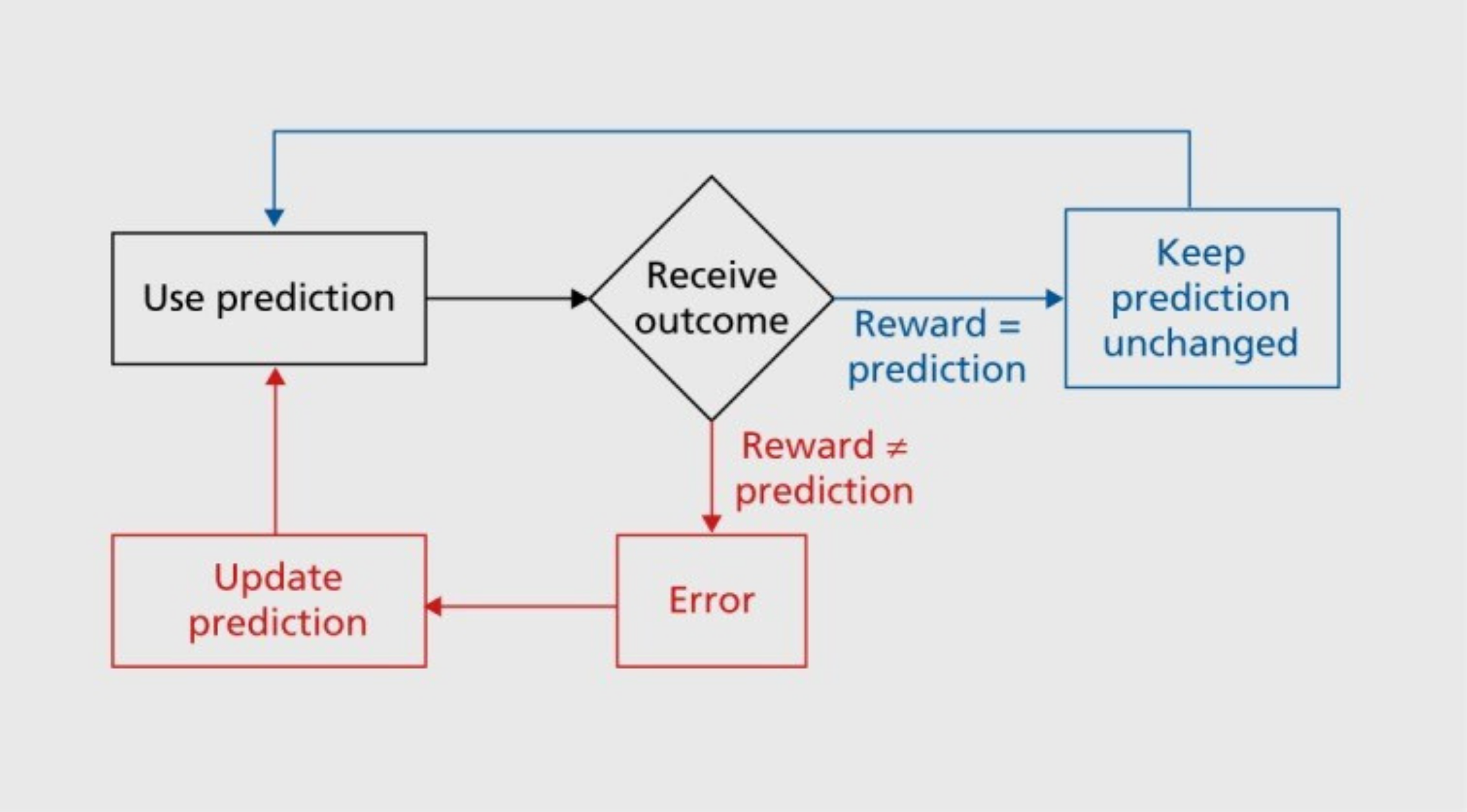 Flowchart of the reward prediction error loop: use prediction, receive outcome; if reward equals prediction, keep the prediction unchanged; if reward differs from prediction, an error signal updates the prediction and the loop repeats