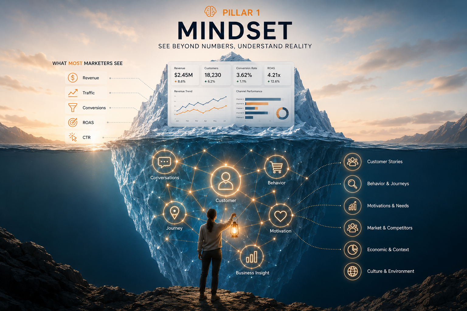 Pillar 1 The right mindset about data: data includes both quantitative (numbers on a dashboard) and qualitative (observations, experiences, customer feedback), the raw material for forming hypotheses