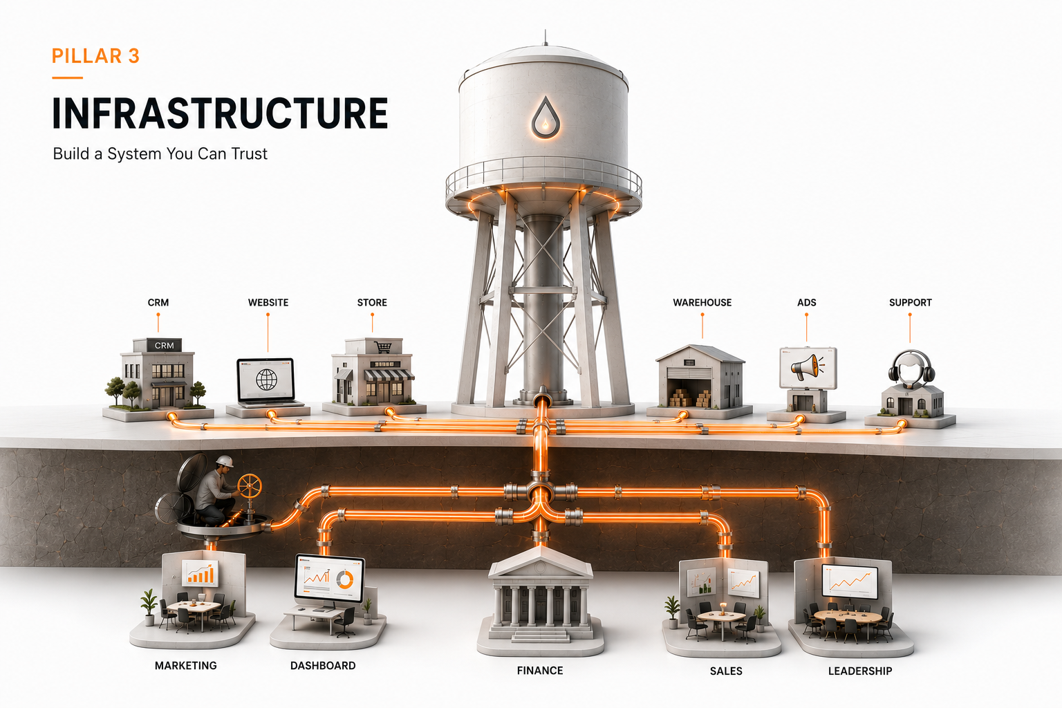 Pillar 3 Infrastructure and Tools: Data Governance, a Data Warehouse and a right-sized tool ecosystem create a Single Source of Truth, avoiding scattered data and the data lock-in trap