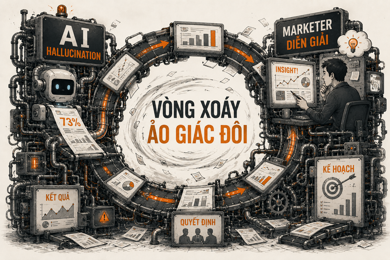 Infographic ảo giác đôi: AI hallucination tạo số liệu giả, marketer tự tin diễn giải thành insight, quyết định dựa trên ý nghĩa bịa đặt, vòng xoáy càng xoáy càng xa sự thật