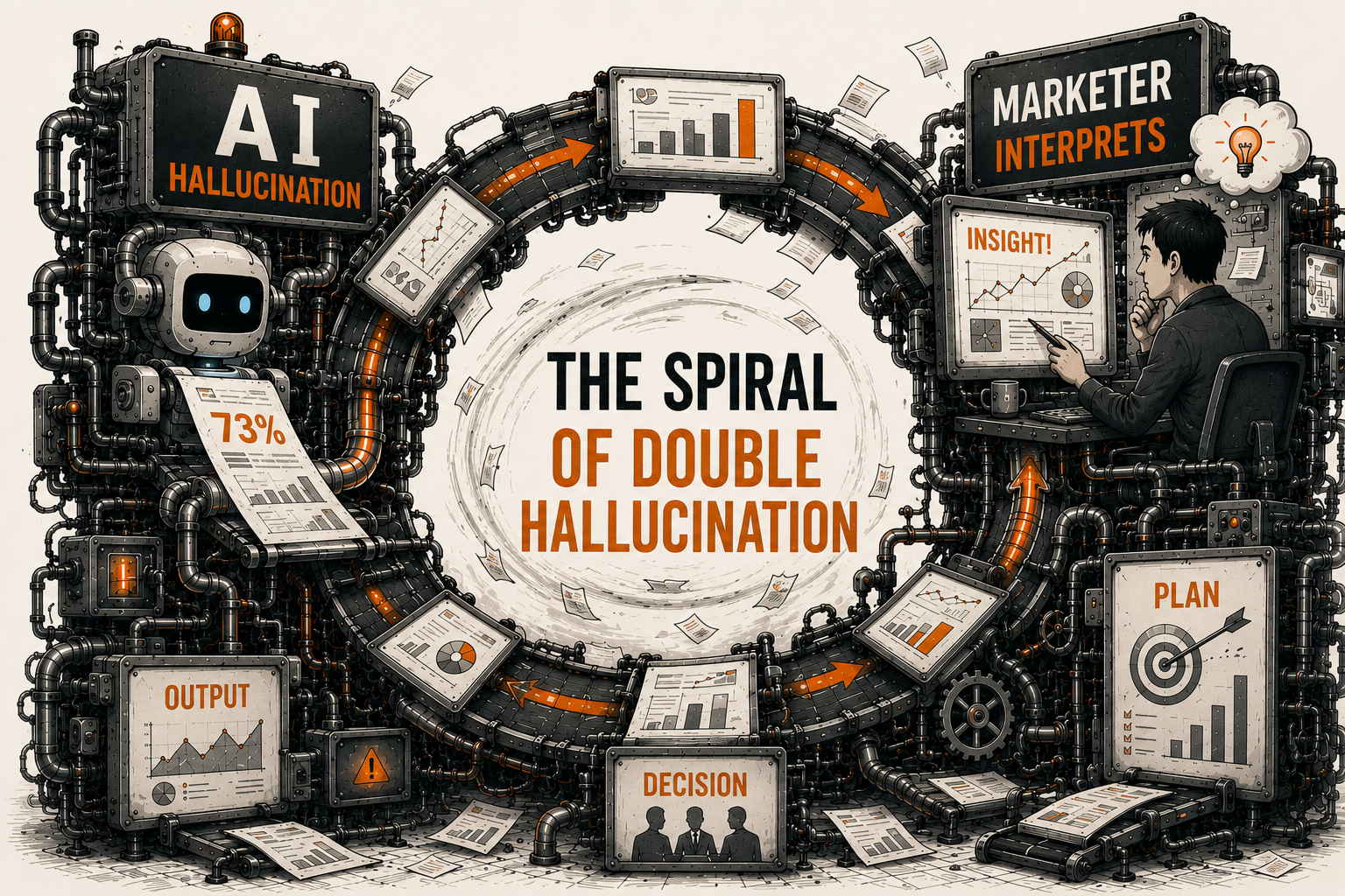 The double hallucination spiral between AI hallucination and marketer interpretation: fabricated reports loop through insights, plans and decisions