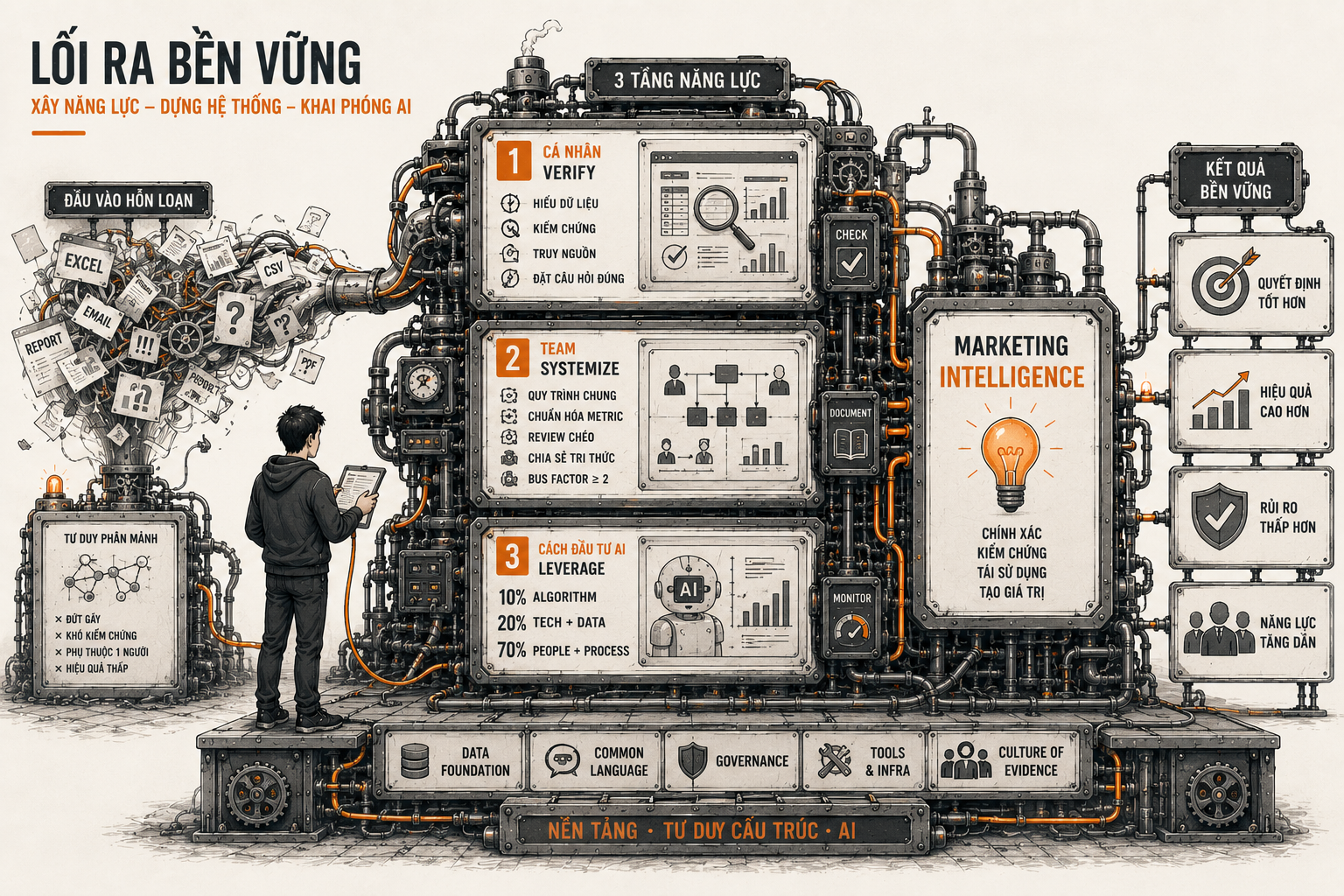 Lối ra bền vững với 3 tầng năng lực Marketing Intelligence: cá nhân verify, team systemize, đầu tư AI theo luật 10-20-70 trên nền tảng dữ liệu, ngôn ngữ chung và governance