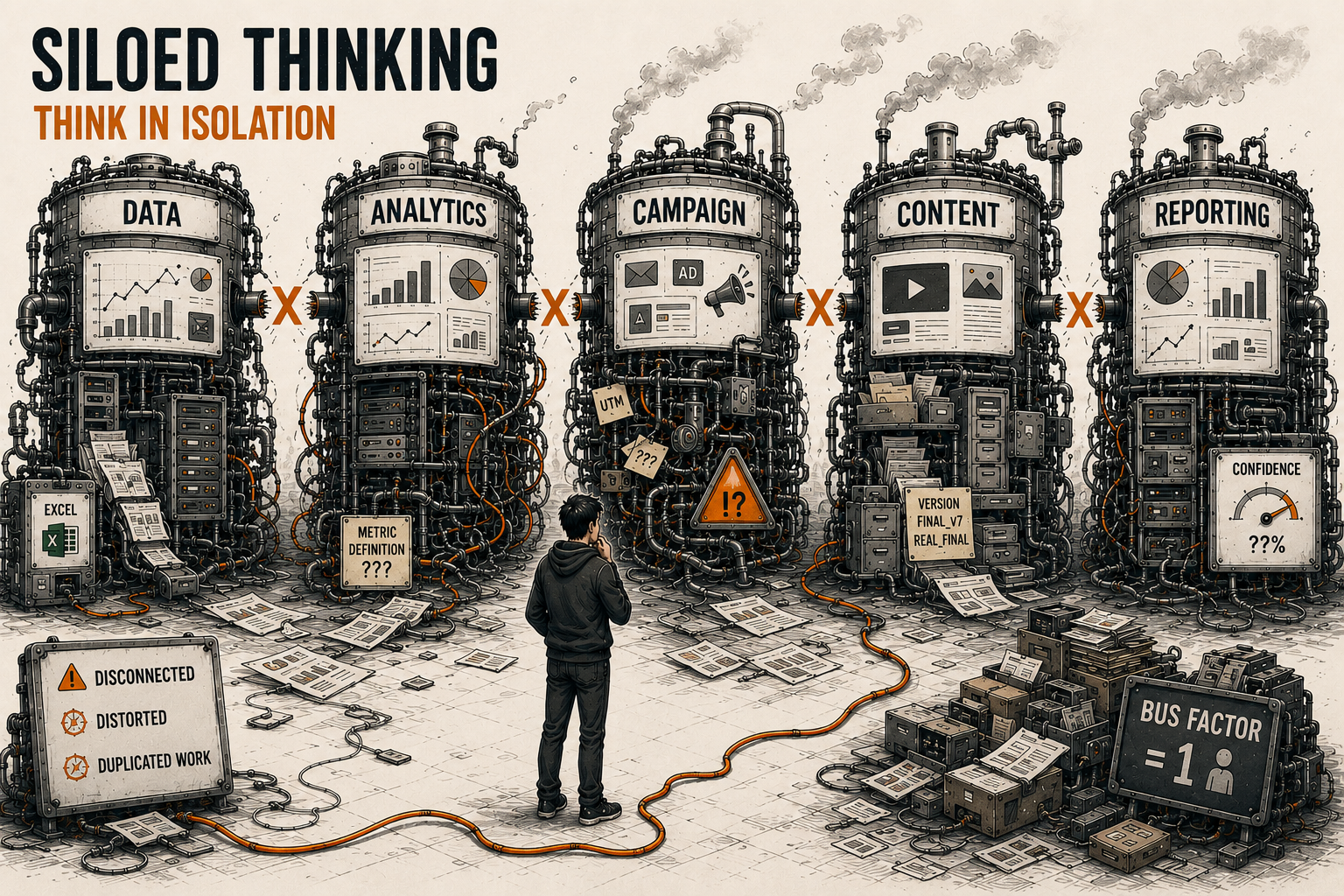 Siloed thinking: five disconnected silo towers for Data, Analytics, Campaign, Content and Reporting, with inconsistent metric definitions and a bus factor of one