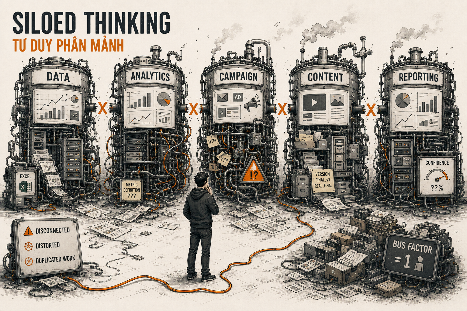 Tư duy phân mảnh (siloed thinking): 5 tháp silo Data, Analytics, Campaign, Content, Reporting không kết nối với nhau, metric definition không thống nhất, bus factor bằng 1