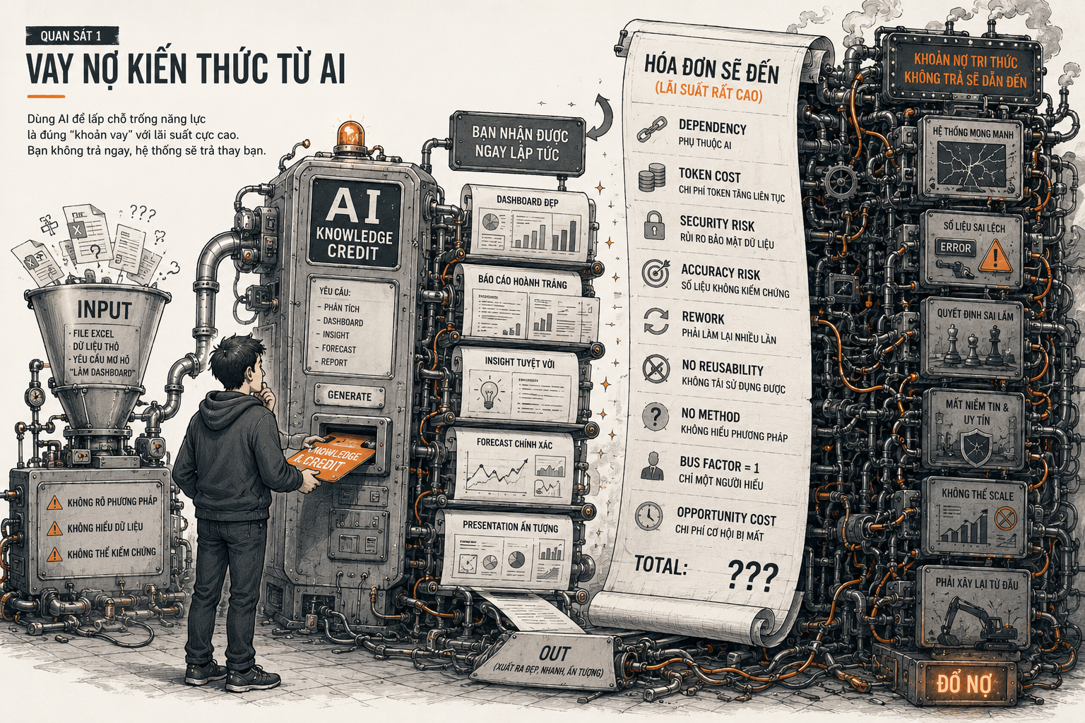 Minh họa vay nợ kiến thức từ AI: cỗ máy AI Knowledge Credit phun ra dashboard đẹp kèm hóa đơn lãi suất cao gồm phụ thuộc AI, token cost, rủi ro bảo mật, bus factor bằng 1, dẫn tới đổ nợ